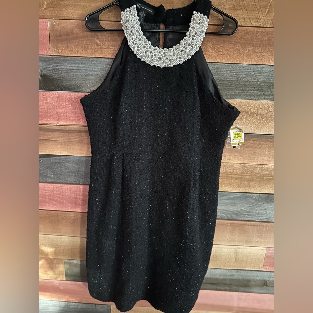 Inc Royal Gardens Dress Black Wool Blend Boucle Faux Pearl Collar Halter Dress - Picture 5 of 9